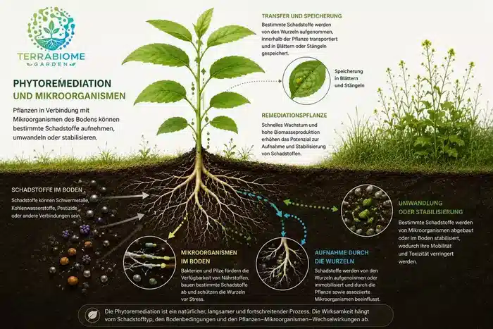 Schema der Phytoremediation mit Mikroorganismen