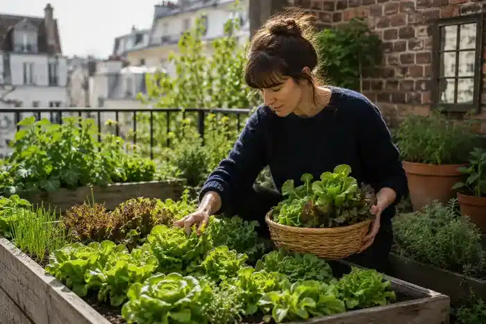 Récolte de salades in un petit Garten urbain