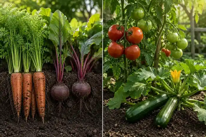 Comparaison entre groenten wortels en groenten fruits in un moestuin